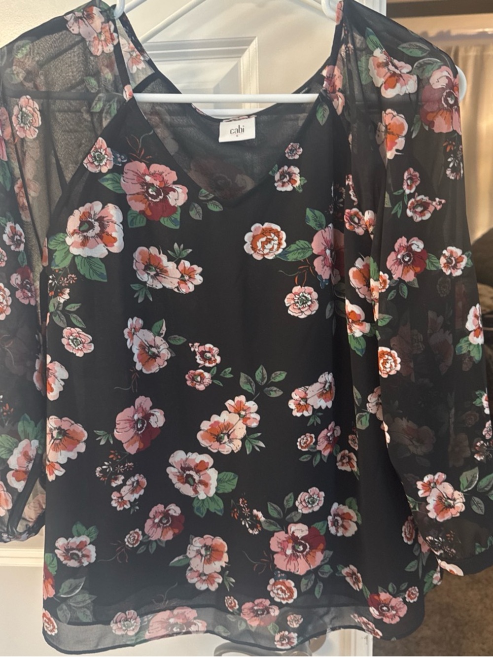 CAbi Black Floral Scoop Neck Top with Logo Tag